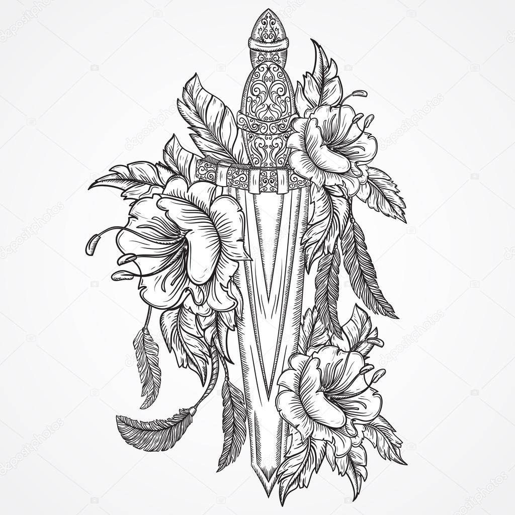 Medieval sword, flowers, leaves and feathers. Vintage floral highly detailed hand drawn illustration. Isolated elements. Victorian Motif. Tattoo design