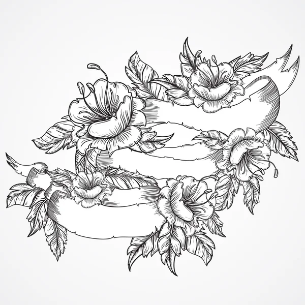 Vintage floral highly detailed hand drawn bouquet of flowers and ribbon banner in black and white. Victorian Motif, tattoo design element. Bouquet concept art. Isolated stock vector illustration — Wektor stockowy