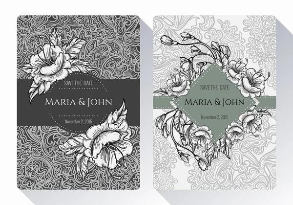 Vintage save the date or wedding invitation card collection with black and white flowers, leaves and branches. Ideal for Save The Date,mothers day, valentines day, birthday cards, invitations. — Stock Vector