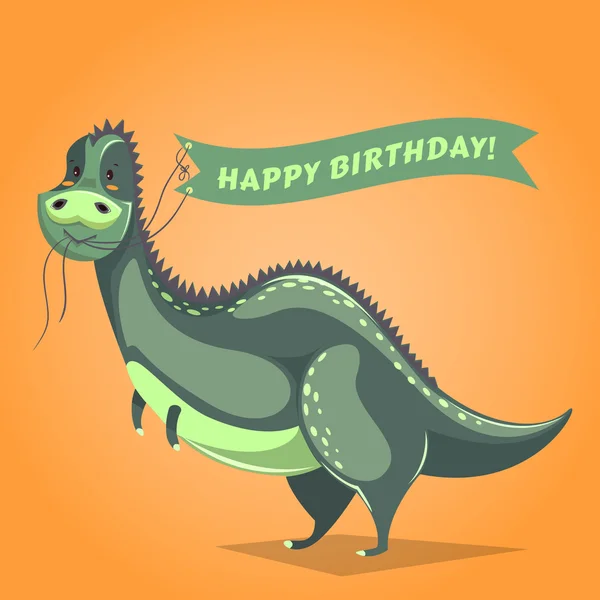 Dinossauro engraçado em estilo cartoon segurando fita com cumprimentos de aniversário. Ilustração vetorial. Cartão bonito "Feliz aniversário " —  Vetores de Stock