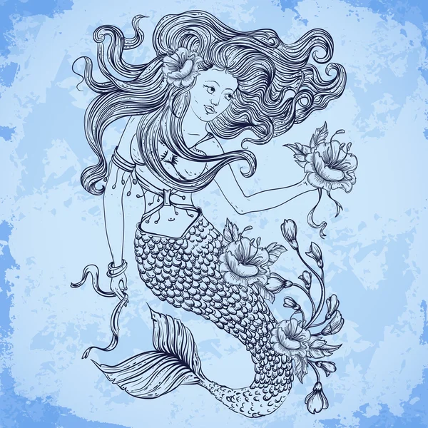 Sereia com cabelo bonito, flores e botões. Arte da tatuagem. Banner retro, convite, cartão, reserva de sucata, t-shirt, saco, cartão postal, poster.Highly detalhada mão desenhada ilustração vetorial —  Vetores de Stock