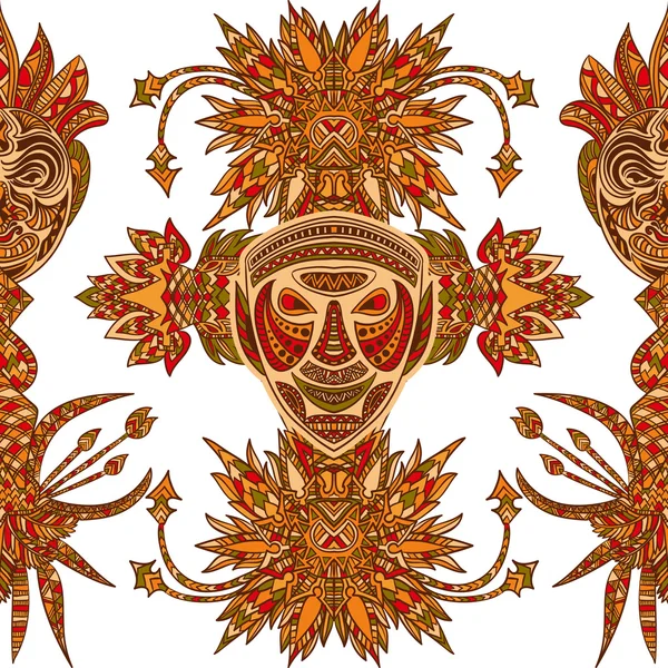 Bezešvé vzor s kmenové masky a aztécký geometrický ornament Latinské Ameriky. Ručně kreslenou vektorové ilustrace — Stockový vektor