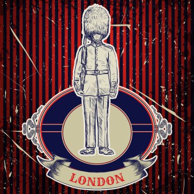 Royal british ile VINTAGE poster grunge arka plan üzerinde 'Londra' koru. Retro elle çizilmiş vektör çizim kroki tarzı