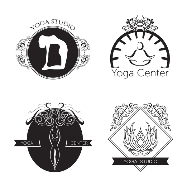 Conjunto de logotipos para estúdio de ioga ou aula de meditação. Coleção de crachás de fitness moderna feita em vetor. Modelo de logotipo de vetor de ioga . —  Vetores de Stock