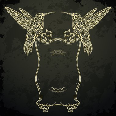 Sinek kuşlarının ve şerit afiş. Davet, kartı, hurda rezervasyon. t-shirt, çanta, kartpostal, poster. Dövme sanatı. Son derece ayrıntılı vintage tarzı elle çizilmiş vektör çizim