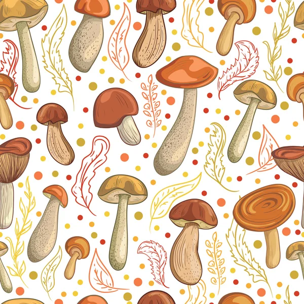 Motif vintage sans couture avec ensemble de champignons et feuilles d'automne. Illustration vectorielle rétro dessinée à la main — Image vectorielle
