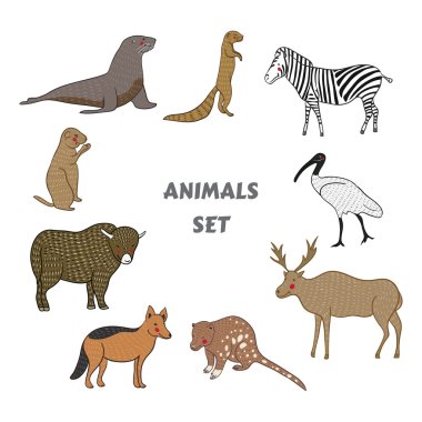 Cartoon cute Animals vector set. Isolated vector illustration hand-drawn style. Sticker, card, print, postcard, poster, background. Xerus,zebra,ibis,elk,quoll,jackal,yak,gopher,sea lion