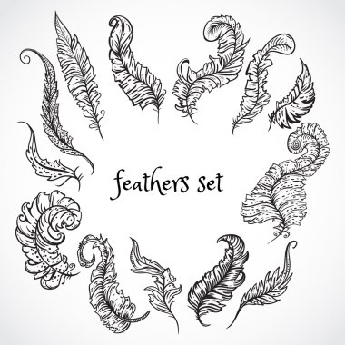 Tüyler ayarlayın. Retro siyah beyaz el topluluğu vektör çizim çizilmiş. Kartı, baskı, kartpostal, poster, logo, dövme