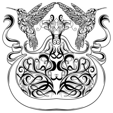 Sinek kuşu, dekoratif hat elemanlar ve şerit afiş ile Vintage dövme sanat tasarım. Victoria motif. Retro davetiye kartı, baskı, t-shirt, kartpostal, poster. Vektör çizim