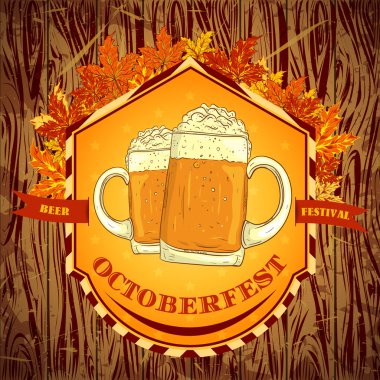 Retro amblemi bira, sonbahar yaprakları ve metin Bira Festivali Oktoberfest gözlüklü ahşap arka plan üzerinde tarz. İzole tasarım öğeleri. Retro vektör çizim davet afişi.