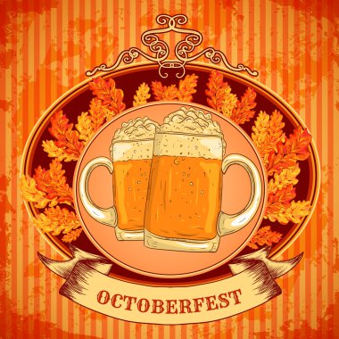 Retro amblemi bira, sonbahar yaprakları ve metin Bira Festivali Oktoberfest gözlüklü ahşap arka plan üzerinde tarz. İzole tasarım öğeleri. Retro vektör çizim davet afişi.