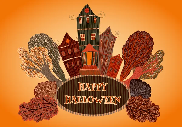 Manifesto vintage Buon Halloween con casa e alberi. Carta, stampa, cartolina, invito, volantino in stile cartone animato. Illustrazione del vettore disegnato a mano . — Vettoriale Stock