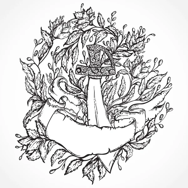 Épée pirate, fleurs, feuilles et bannière de ruban. Vintage floral illustration très détaillée dessinée à la main. Conception de tatouage, invitation rétro, carte, impression, t-shirt, carte postale, affiche . — Image vectorielle