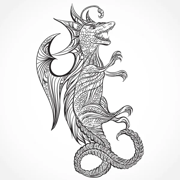 Вінтажний середньовічний дракон. Ретро дуже деталізована ілюстрація рук. Дизайн татуювання, ретро запрошення, листівка, друк, футболка, листівка, плакат . — стоковий вектор