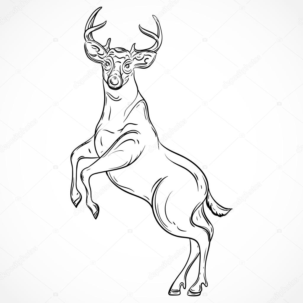 Deer standing on hind legs. Vintage vector hand drawn illustration in sketch style. Tattoo design, retro card, print, t-shirt, postcard, poster.