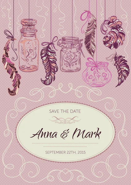 Save the date card. Wedding invitation design with jars, feathers and calligraphic decorative elements.Vintage hand drawn vector illustration. — Stock Vector