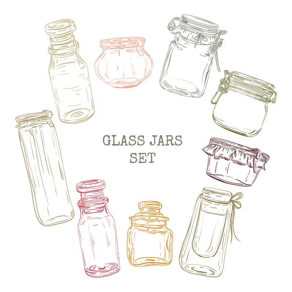 Conjunto frascos de vidrio. Vintage vector dibujado a mano — Vector de stock