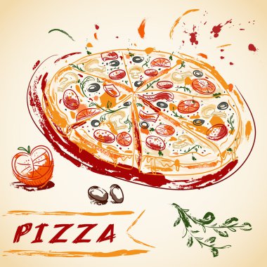 Vintage el İtalyanca lezzetli pizza dilimlenmiş çekilmiş. Vektör çizim.