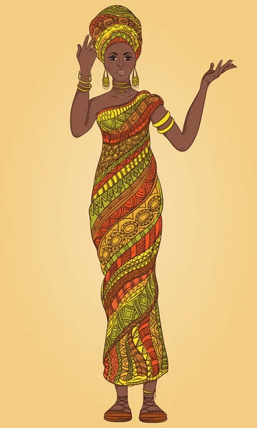 Dançando bela mulher africana em turbante e traje tradicional com enfeite geométrico étnico comprimento total. Ilustração vetorial desenhada à mão . —  Vetores de Stock