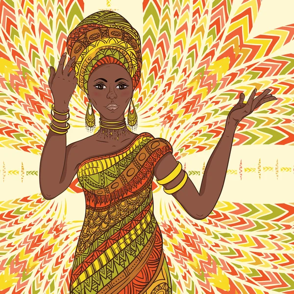 Danse belle femme africaine en turban et costume traditionnel avec ornement géométrique ethnique pleine longueur. Illustration vectorielle dessinée main . — Image vectorielle