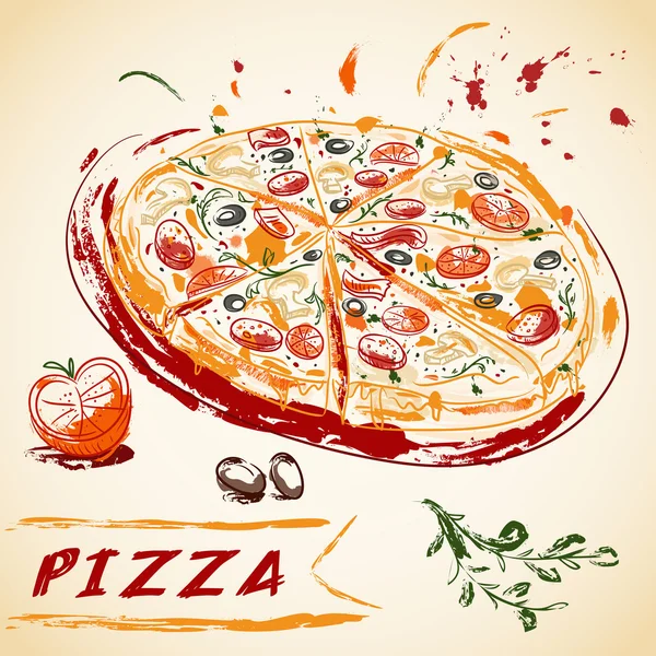 Vintage main dessinée pizza italienne savoureuse tranchée. Illustration vectorielle . — Image vectorielle