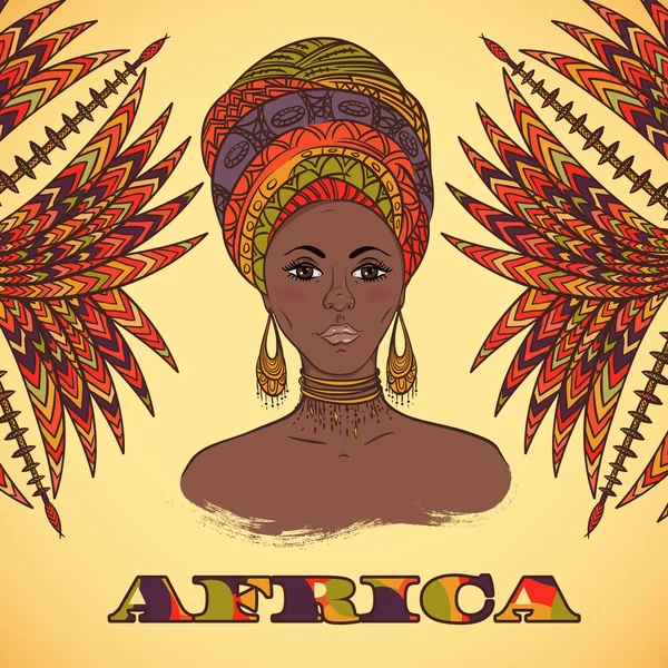 Красивая африканская женщина в тюрбане и абстрактных пальмовых листьях с этническим геометрическим орнаментом. Ручной рисунок вектора. Дизайн, открытка, печать, плакат, открытка — стоковый вектор