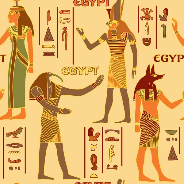 Винтажный бесшовный рисунок с египетскими богами и древними египетскими иероглифами. Ретрографическая векторная иллюстрация — стоковый вектор