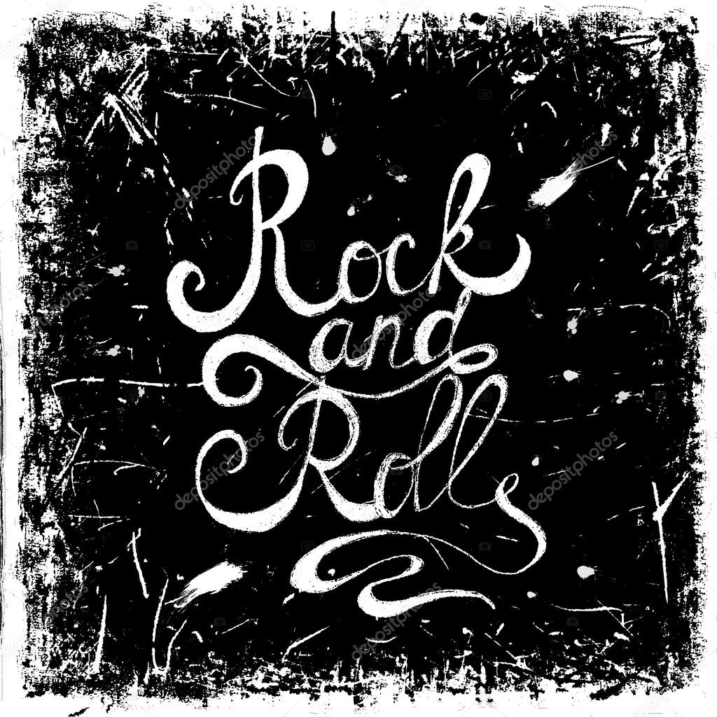 Vintage hand drawn lettering rock and roll on grunge background. Retro vector illustration. Design, retro card, print, t-shirt, postcard