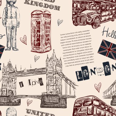 Seamless pattern with London landmark symbols. Vintage hand drawn vector illustration in sketch style.