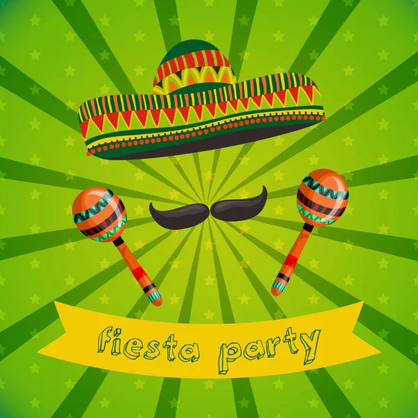 Mexican Fiesta Party Invitation with maracas, sombrero and mustache. Hand drawn vector illustration poster — ストックベクタ