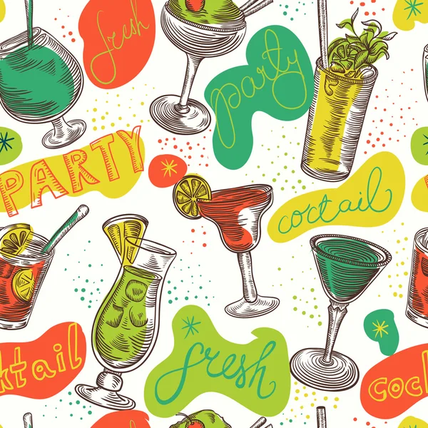 Seamless pattern with vintage cocktails and hand drawn lettering. Cocktail party. Retro colorful vector illustration. — 图库矢量图片