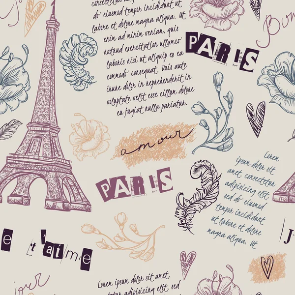 Paris. Padrão sem costura vintage com Torre Eiffel, flores, penas e texto. Ilustração vetorial retrô desenhada à mão . — Vetor de Stock