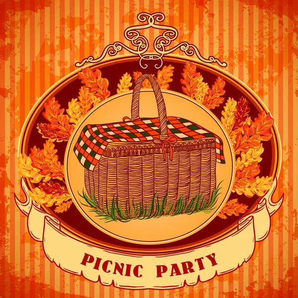 Picnic party in meadow with picnic basket and autumn leaves, grass. Retro invitation,card, print, postcard, poster. Hand drawn vector illustration — Stockvector