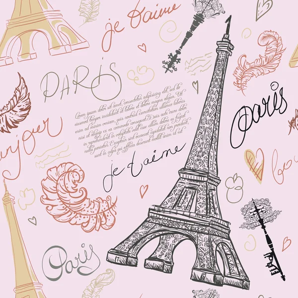 París. Patrón vintage sin costuras con Torre Eiffel, llaves antiguas, plumas y letras dibujadas a mano. Ilustración vectorial dibujada a mano retro . — Archivo Imágenes Vectoriales