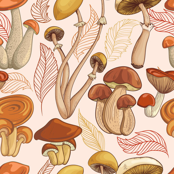 Vintage seamless pattern with set of mushrooms and autumn leaves. Retro hand drawn vector illustration
