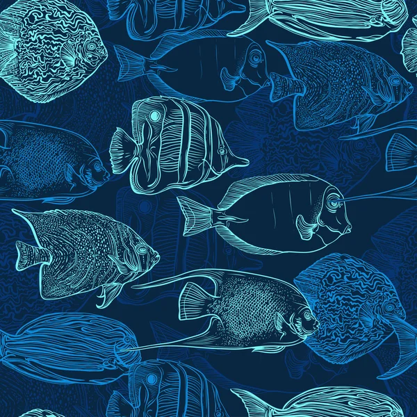 Seamless pattern with collection of tropical fish. Vintage set of hand drawn marine fauna. Vector illustration in line art style. Design for summer beach, decorations. — Stock vektor