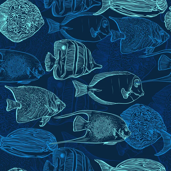 Seamless pattern with collection of tropical fish. Vintage set of hand drawn marine fauna. Vector illustration in line art style. Design for summer beach, decorations.
