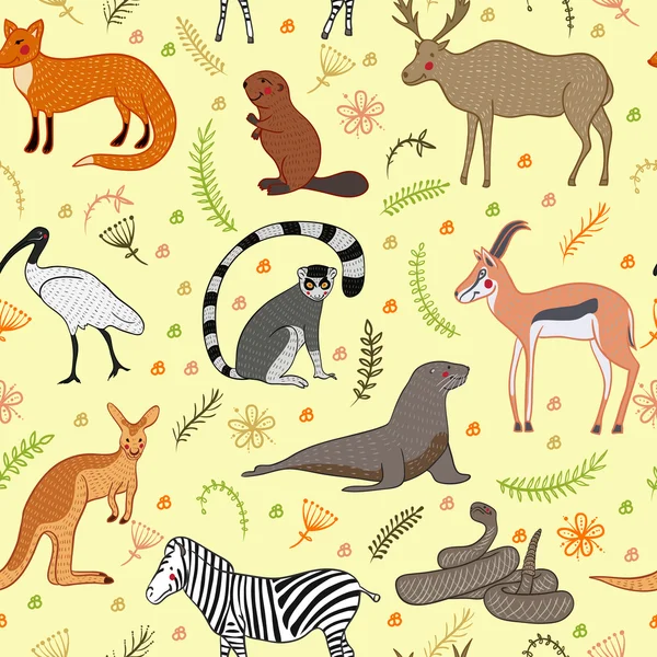 Modèle sans couture avec dessin animé mignon animaux vecteur ensemble. Illustration vectorielle isolée style dessiné à la main. Zèbre, renard, castor, antilope, ibis, wapiti, lémurien, otarie, kangourou, crotale — Image vectorielle