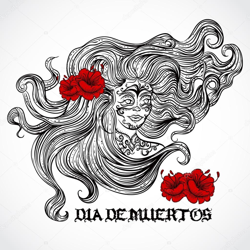 Day of The Dead. Woman with beautiful hair and red flowers. Vintage hand drawn vector illustration. Retro invitation,card, print, t-shirt, postcard, tattoo, poster.