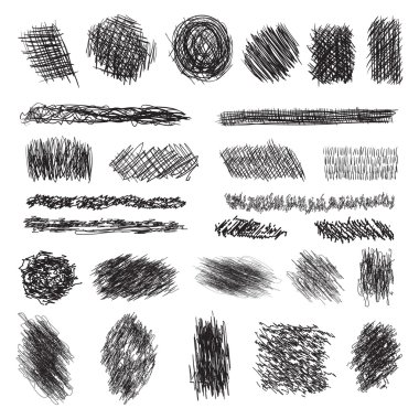 vector set of scribble brushes. Collection of ink lines, set of hand drawn textures, scribbles of pen, hatching, scratch clipart