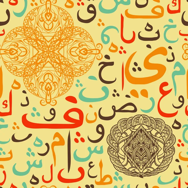 Ornamento padrão sem costura colorido caligrafia árabe de texto Eid Mubarak conceito para festival comunitário muçulmano Eid Al Fitr (Eid Mubarak) (Tradução: graças a Deus ) — Vetor de Stock