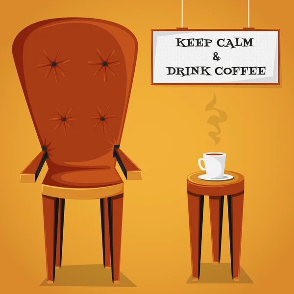 Vintage cartoon poster "kalmte bewaren en koffie drinken" met retro meubels en kopje koffie. Vector illustratie — Stockvector