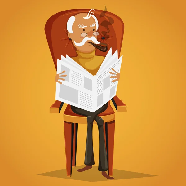 Vieil homme fumant une pipe et lisant un journal assis sur un fauteuil. Illustration vectorielle de dessin animé rétro — Image vectorielle