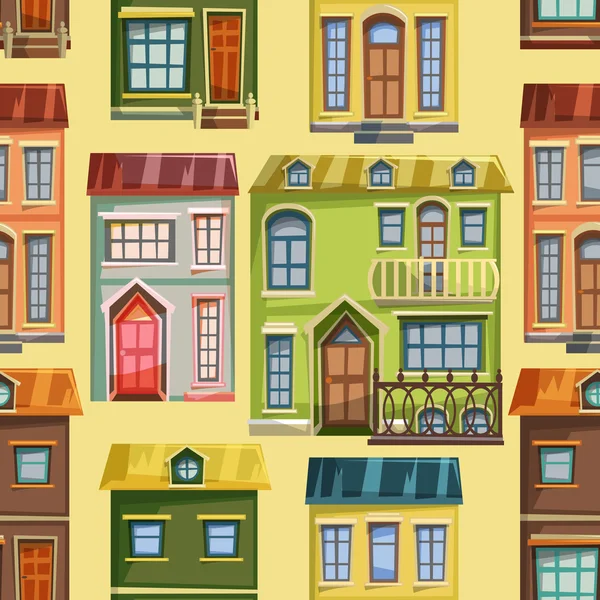 Padrão sem costura com fachadas casas da cidade. Desenhos animados ilustração vetorial . — Vetor de Stock