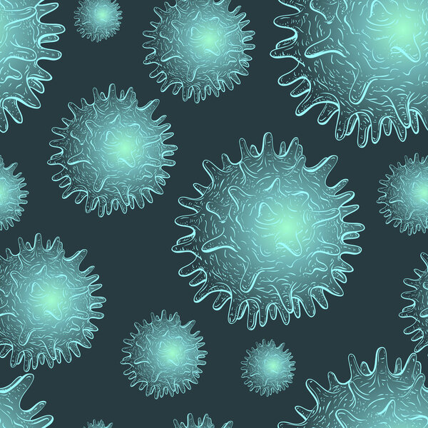 Seamless pattern with molecules or microbes. Abstract health or chemistry background. Ecology, biotechnology and biochemistry concept. Hand drawn vector illustration for scientific design