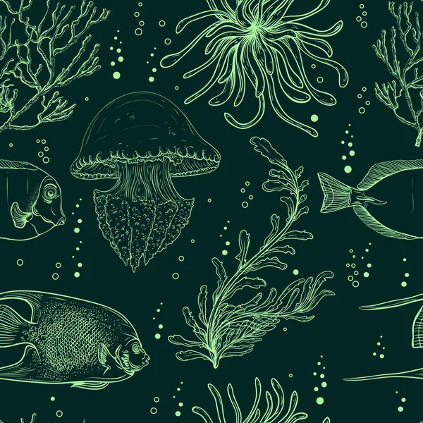 Seamless pattern with tropical fish, jellyfish, marine plants and seaweed. Vintage hand drawn vector illustration marine life. Design for summer beach, decorations,print,pattern fill, web surface — Stockvector