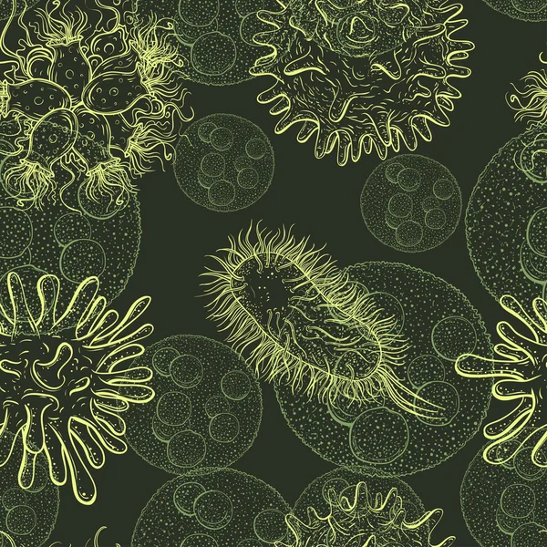 Seamless pattern with microbes and viruses. Vintage design set. Realistic isolated hand drawn vector illustration. — Stockvector