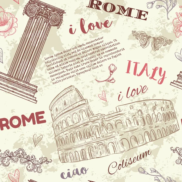 Roma. Modello vintage senza cuciture con Colosseo, colonna in stile classico, fiori e testo su sfondo grunge. Illustrazione vettoriale disegnata a mano retrò . — Vettoriale Stock