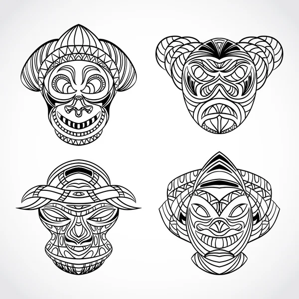 Collection of Tribal mask. Retro hand drawn vector illustration — Stock Vector