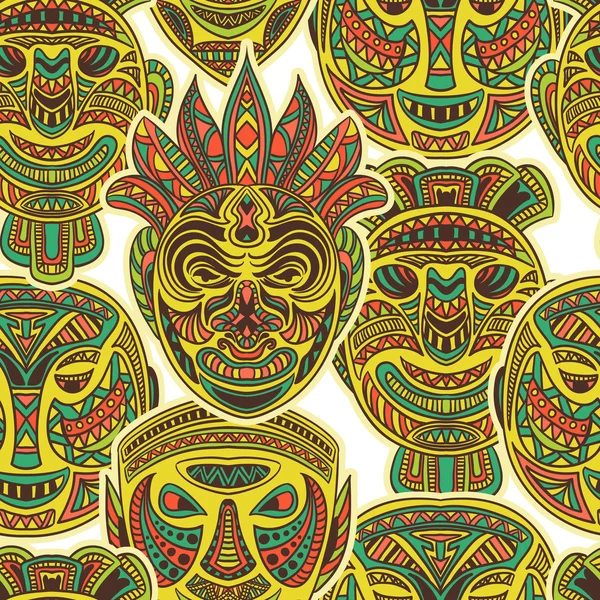 Colección de máscaras tribales. Patrón inconsútil colorido con adorno étnico. Ilustración vectorial dibujada a mano retro — Vector de stock